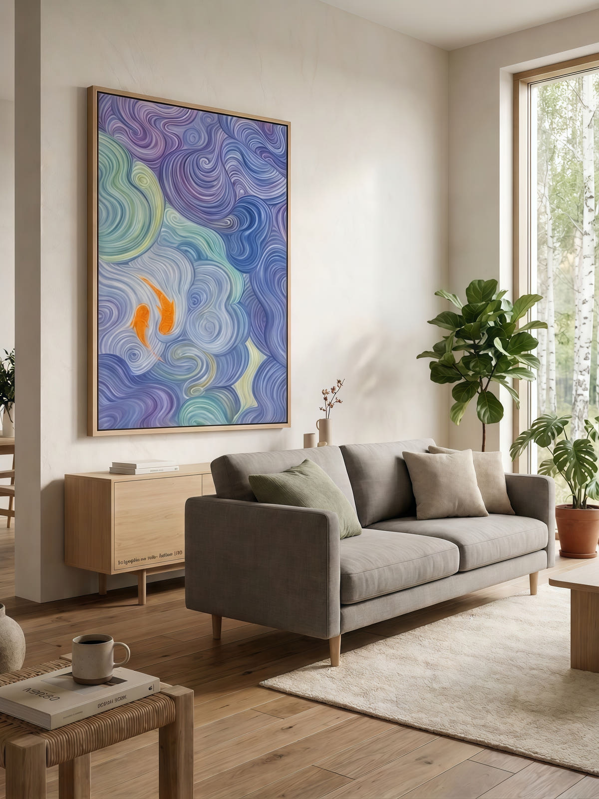 Vortex of Koi" Modern Organic Abstract Canvas Wall Art – surface detail